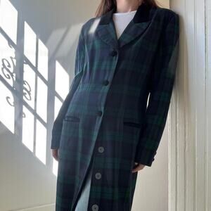 Vintage J.G. Hook Blue Green Plaid Long Blazer Velvet Collar 6